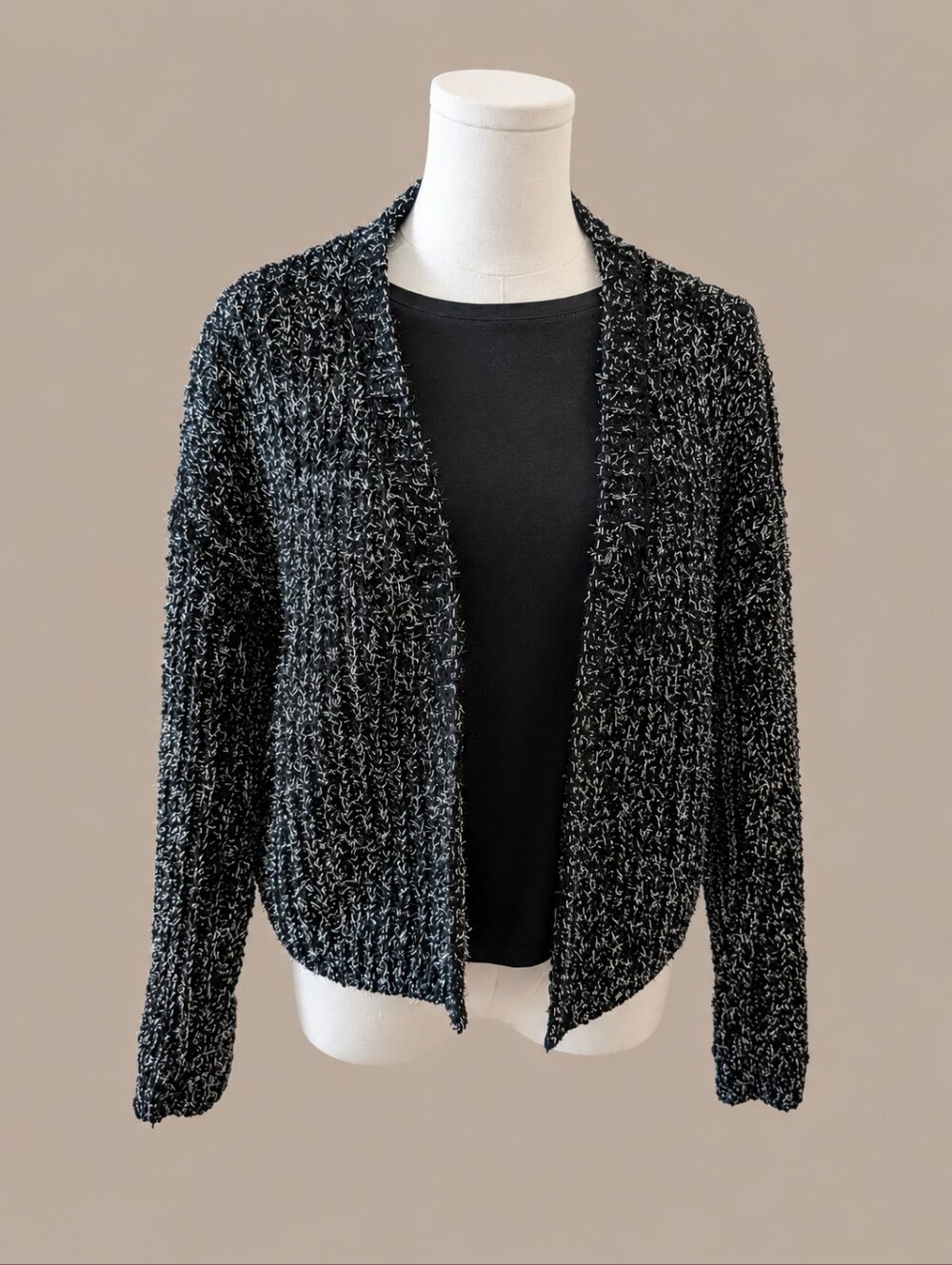 H &M Black & White  Sparkle Textured Open-Front Women's Sweater